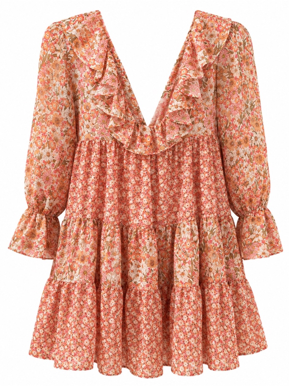 Floral Ruffle Tiered Long Sleeve Dress  Glamorous  UK 12/US 8  Polyester  Spring